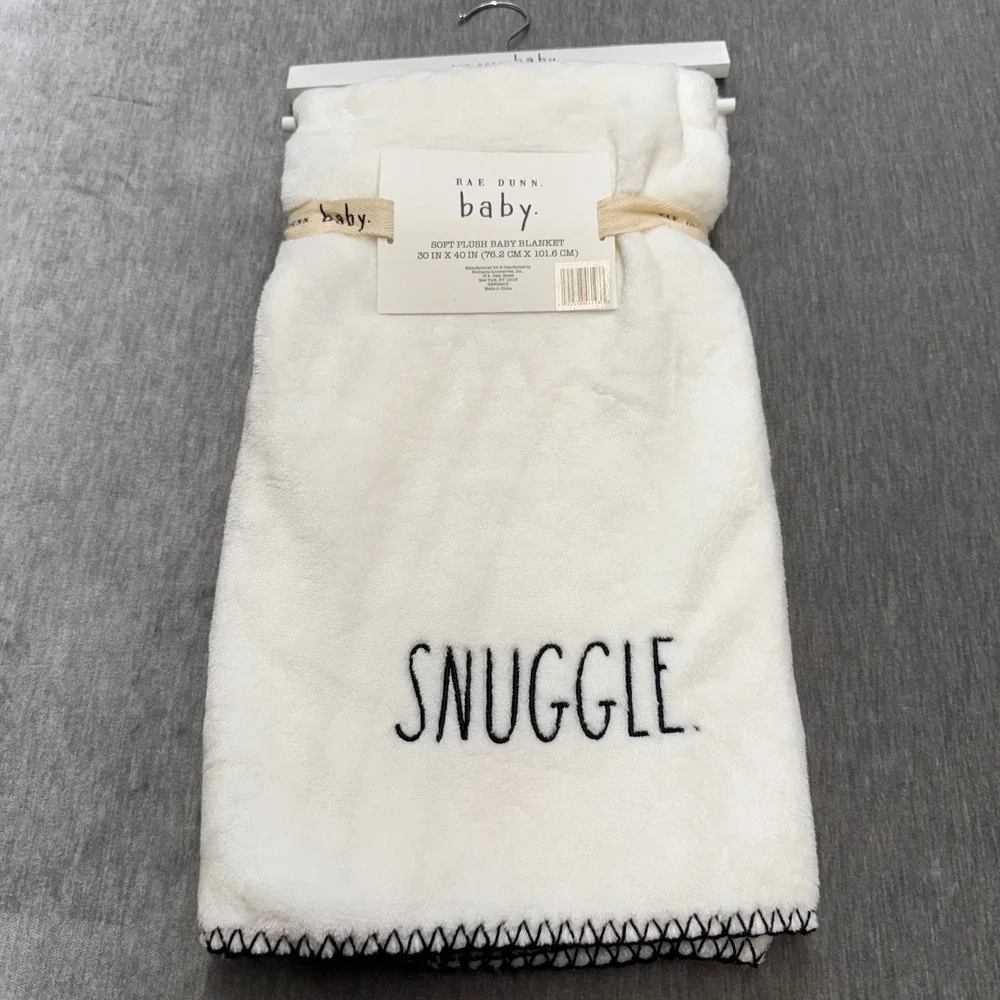 Rae Dunn Baby Snuggle Soft Plush Blanket White Black Whipstitch 30x40 NWT